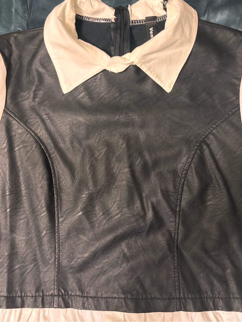 Women's Black faux leather Overlay & White Button-Down Shirt - Picture 8 of 12
